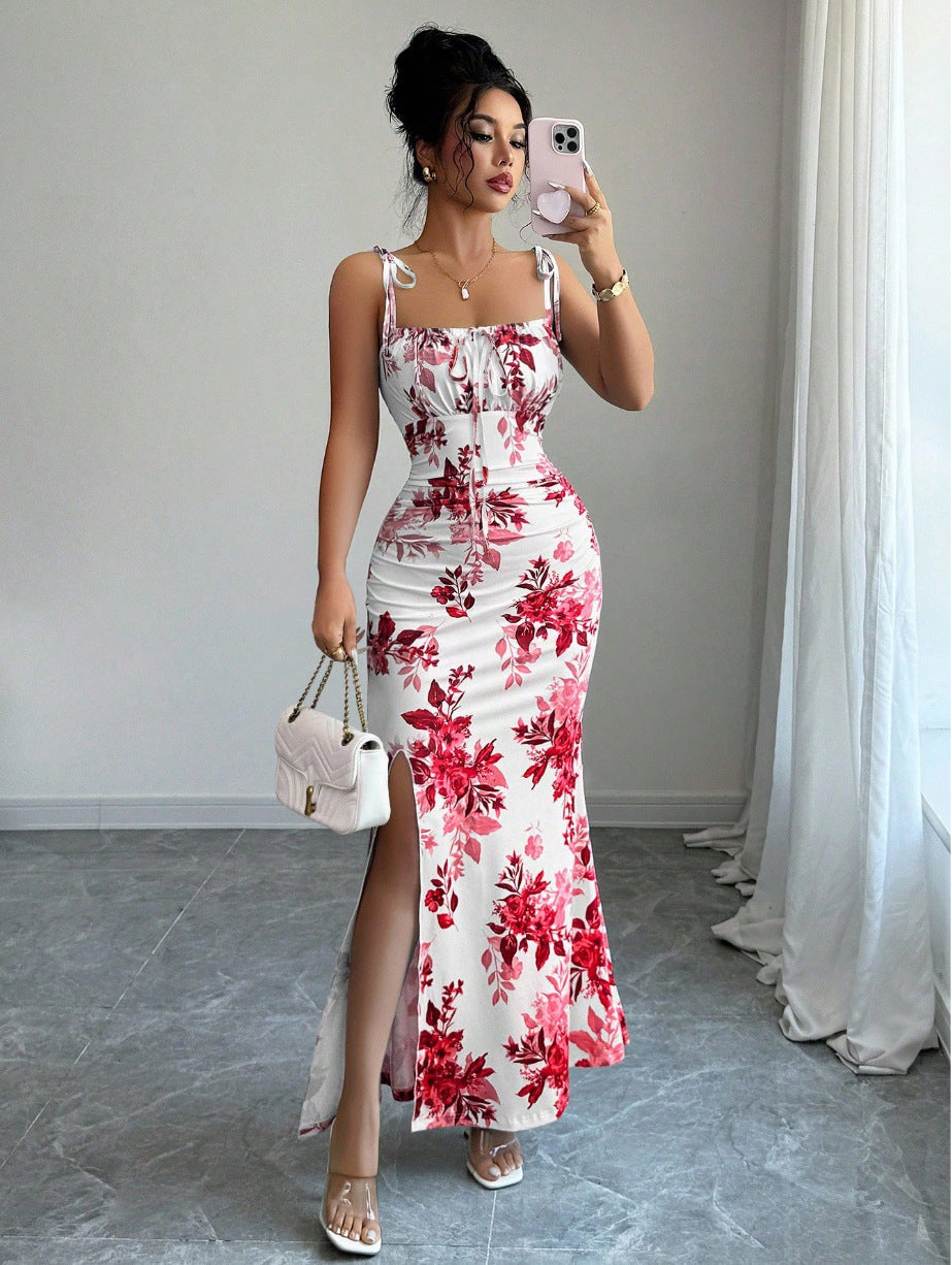 Floral Spaghetti Strap Slim Fit Slit Dress | Feminine & Stylish