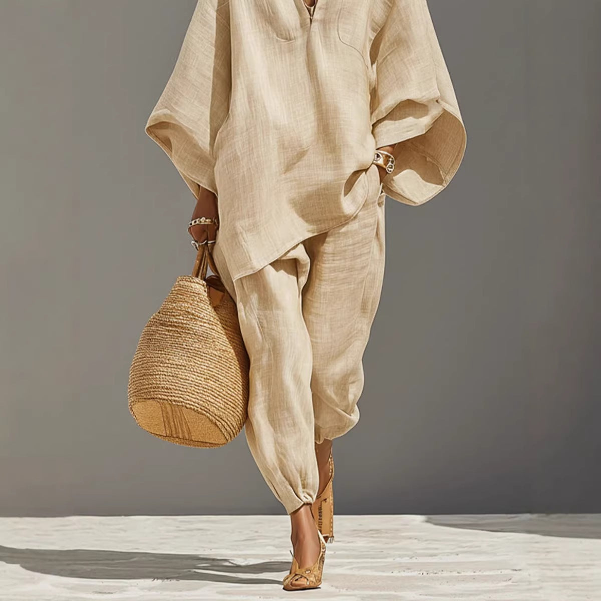 Stylish Batwing Sleeve V-Neck Casual Pants Suit for Everyday Wear
