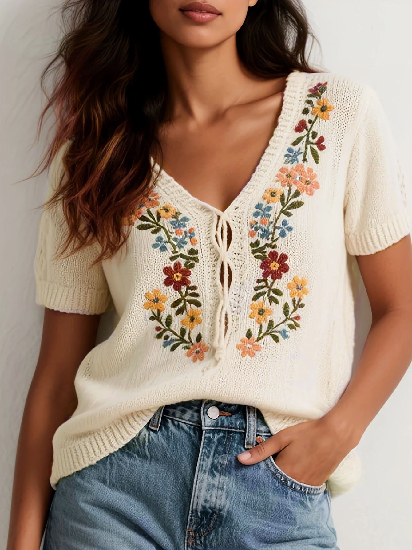Floral Embroidered Knitted Sweater | Cozy & Stylish Pullover