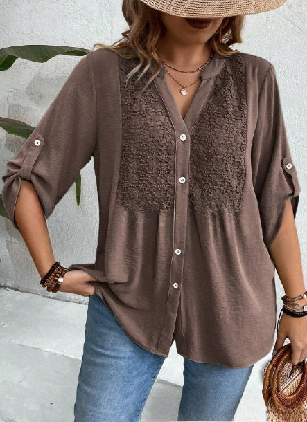 Elegant Ladies Lace V-Neck Shirt | Stylish Button Front Design