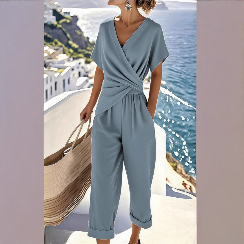 Women's Solid Color Cropped Pants Suit | Chic & Versatile Outfit