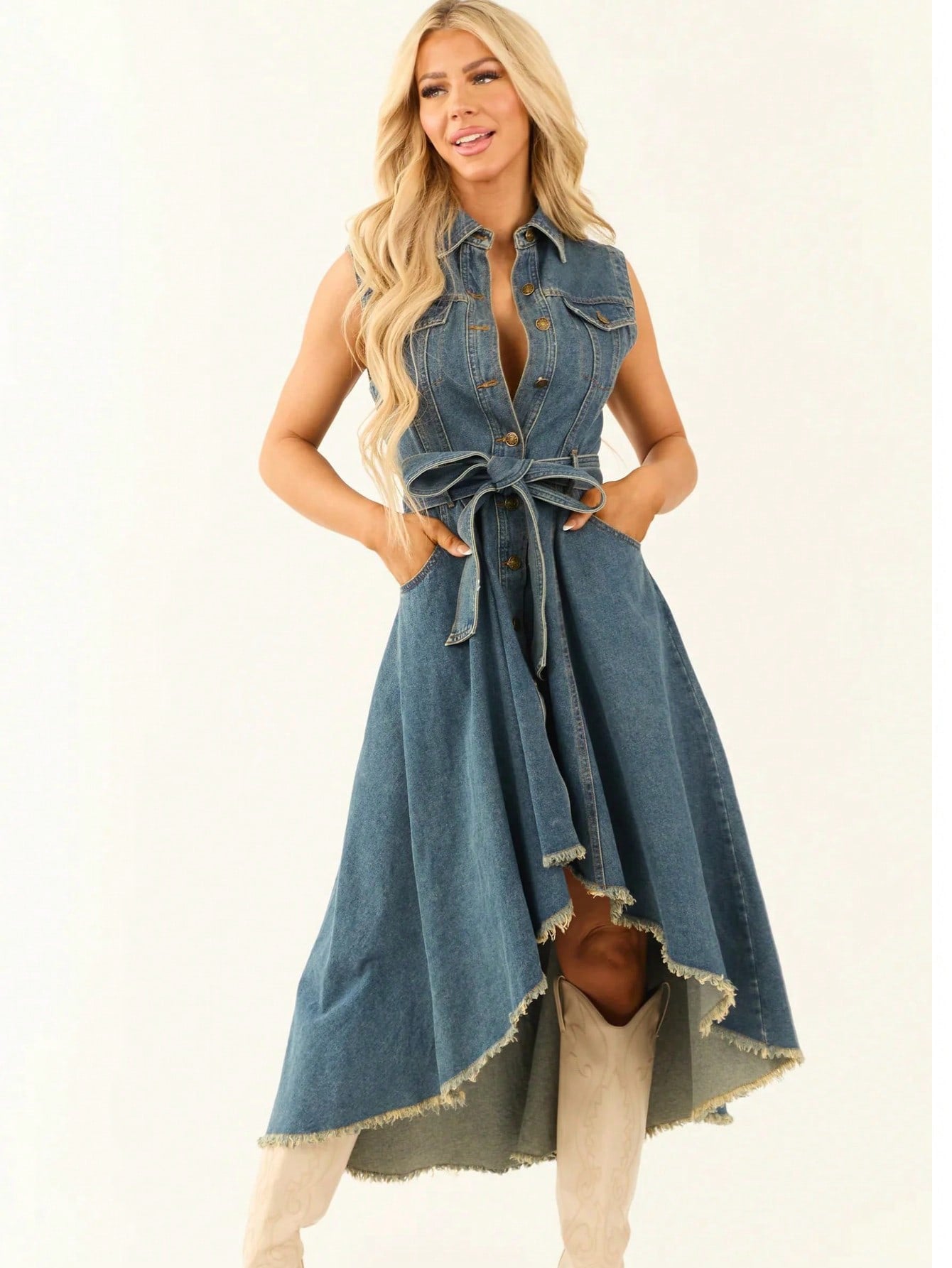 Sleeveless Denim Dress with Adjustable Waist | Trendy & Versatile