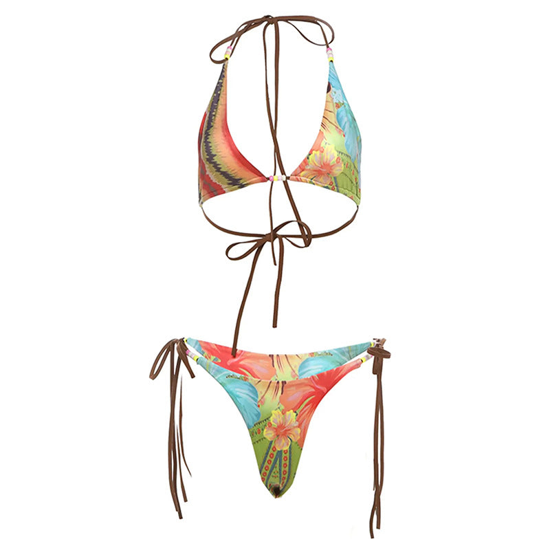 Floral Print Low Waist Bikini Set with Beaded Necklace | Stylish Swimwear