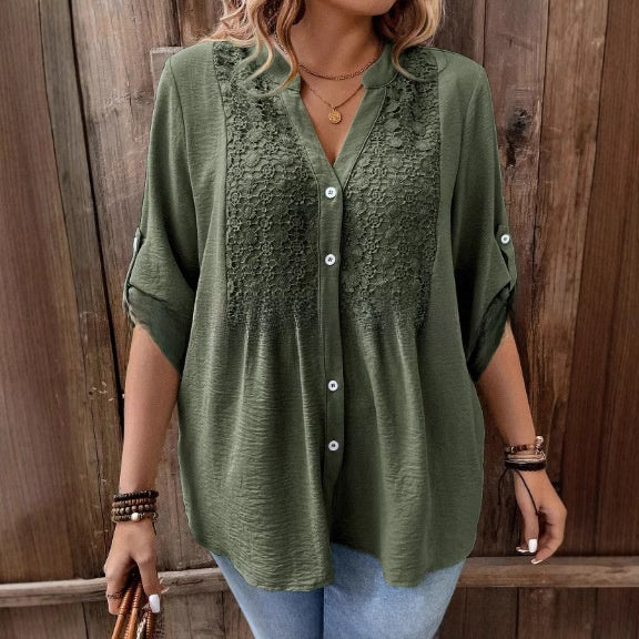 Elegant Ladies Lace V-Neck Shirt | Stylish Button Front Design