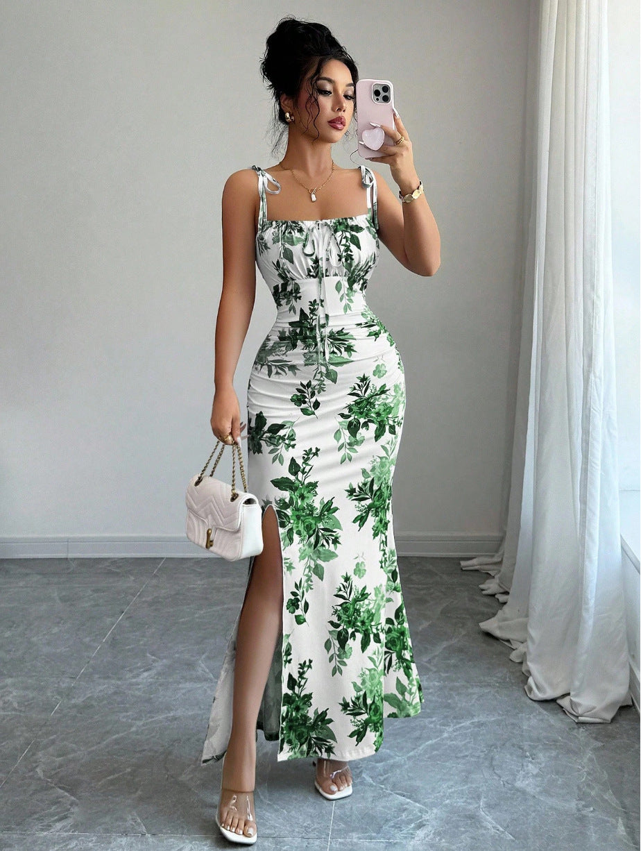 Floral Spaghetti Strap Slim Fit Slit Dress | Feminine & Stylish
