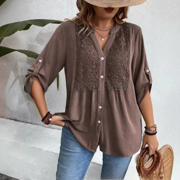 Elegant Ladies Lace V-Neck Shirt | Stylish Button Front Design