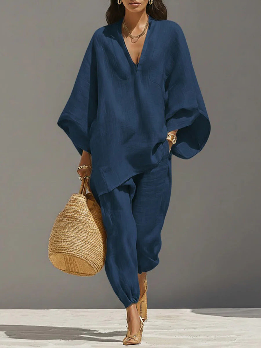 Stylish Batwing Sleeve V-Neck Casual Pants Suit for Everyday Wear