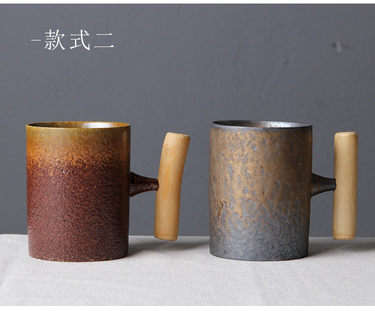 Vintage Ceramic Tea Cup Set with Wooden Handle | Elegant Drinkware