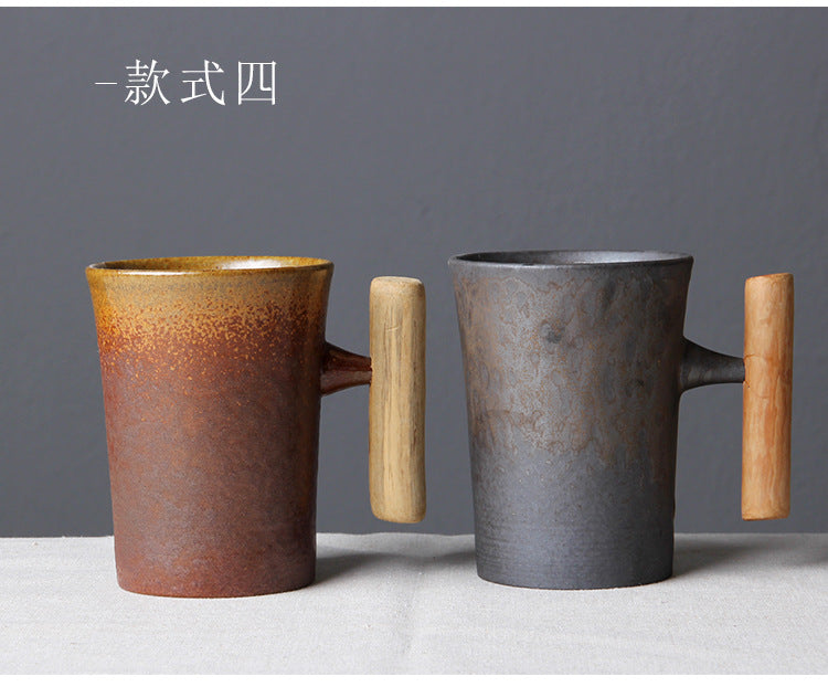 Vintage Ceramic Tea Cup Set with Wooden Handle | Elegant Drinkware
