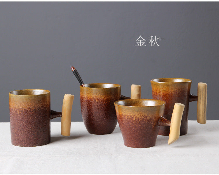 Vintage Ceramic Tea Cup Set with Wooden Handle | Elegant Drinkware