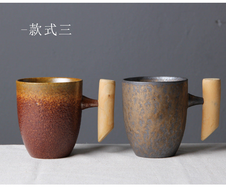 Vintage Ceramic Tea Cup Set with Wooden Handle | Elegant Drinkware