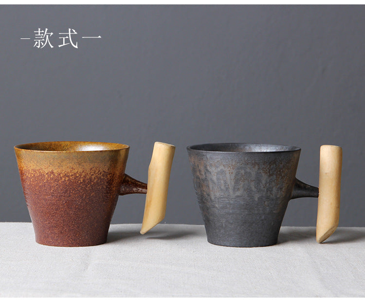 Vintage Ceramic Tea Cup Set with Wooden Handle | Elegant Drinkware