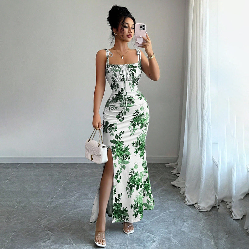 Floral Spaghetti Strap Slim Fit Slit Dress | Feminine & Stylish