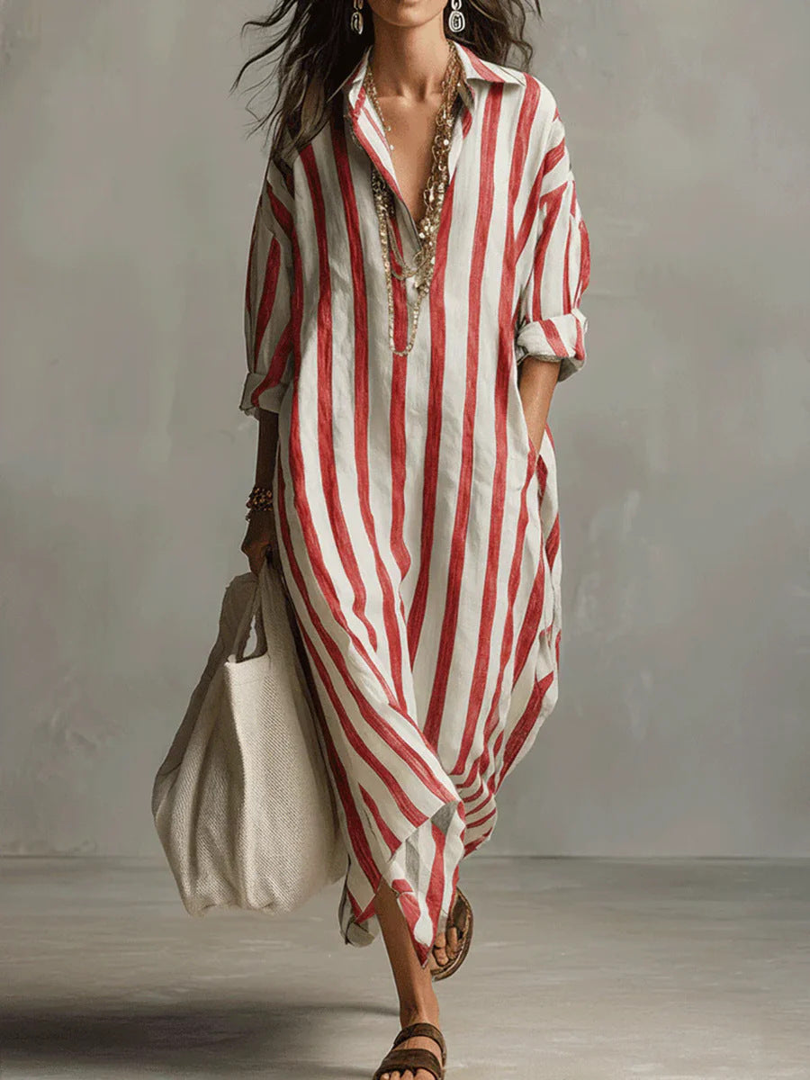 Stylish Loose V-Neck Striped Shirt Dress for Everyday Elegance