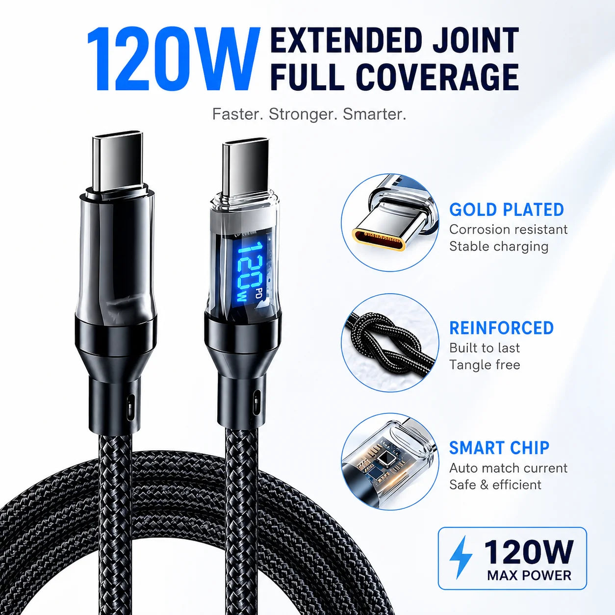 120W LED USB C Cable | Fast Charging & Data Sync Type C Cord