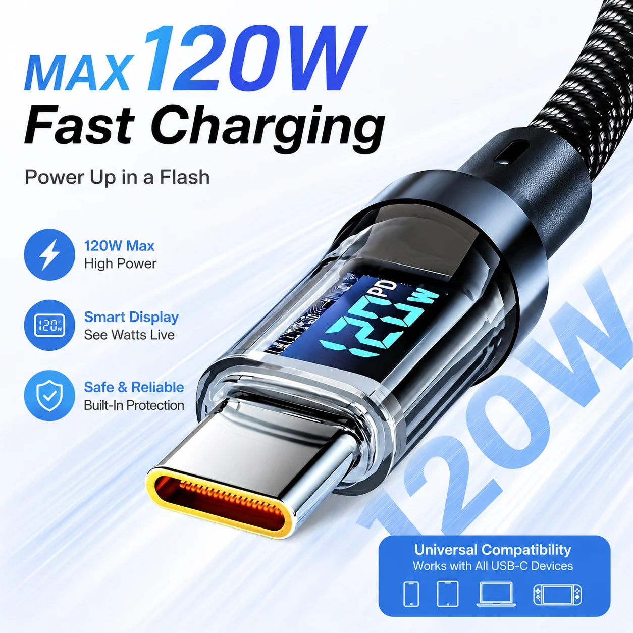 120W LED USB C Cable | Fast Charging & Data Sync Type C Cord