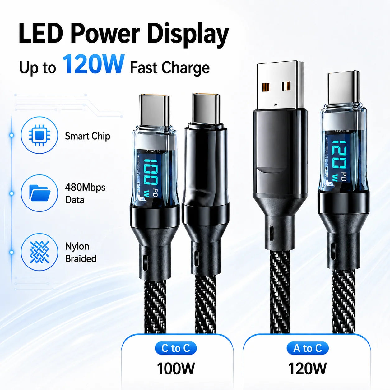 120W LED USB C Cable | Fast Charging & Data Sync Type C Cord