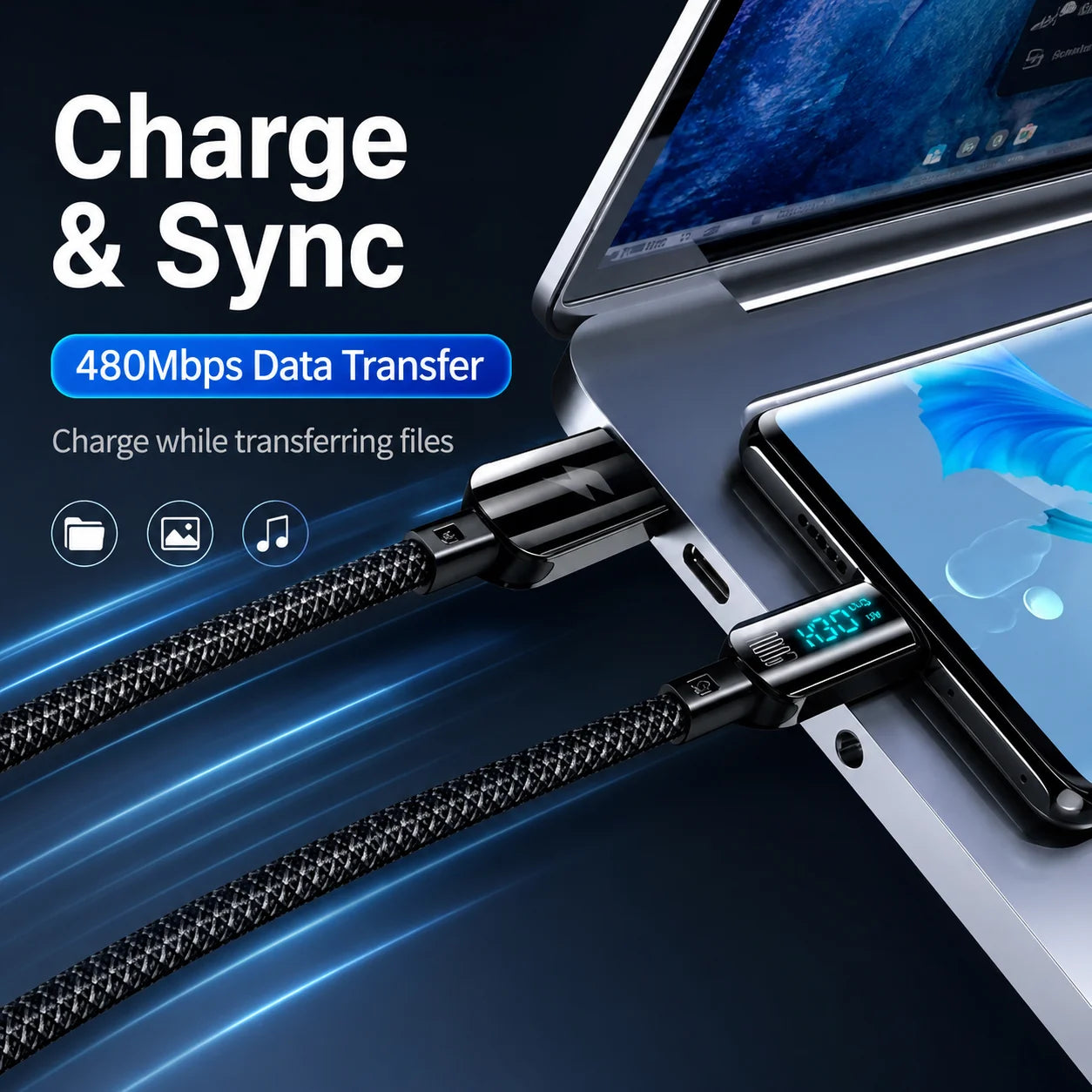 USB C Fast Charging Cable, 100W/60W LED Digital Display Braided Charger Cord, USB A to C and C to C Data Sync Cable for Phones