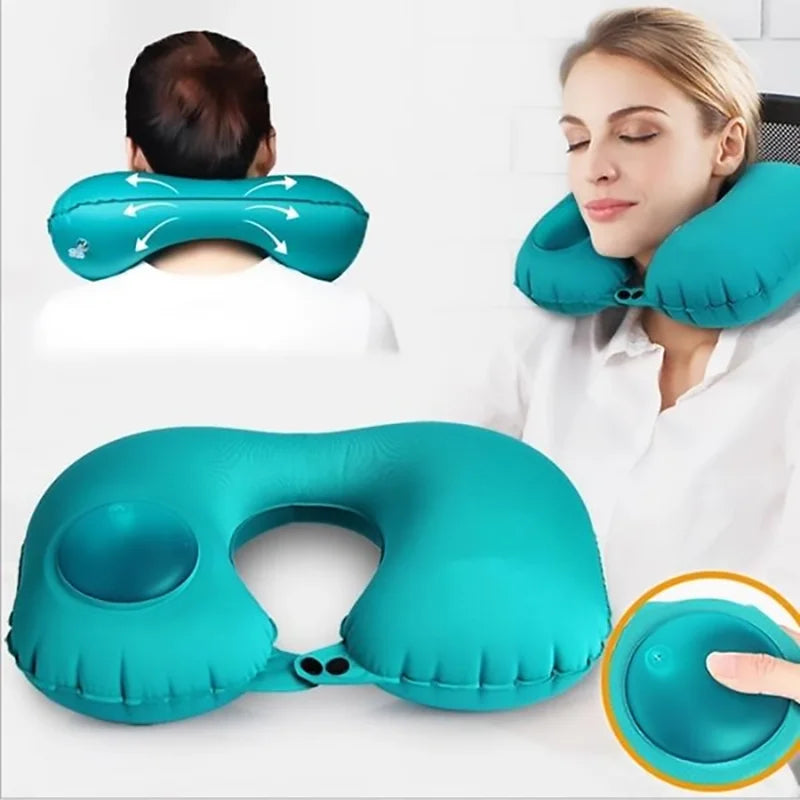 Push-Type Inflatable U-Shaped Neck Pillow — Portable Travel & Office Lunch Break Pillow with Built-In Air Pump
