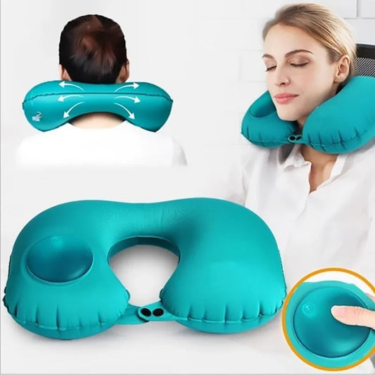 Push-Type Inflatable U-Shaped Neck Pillow — Portable Travel & Office Lunch Break Pillow with Built-In Air Pump