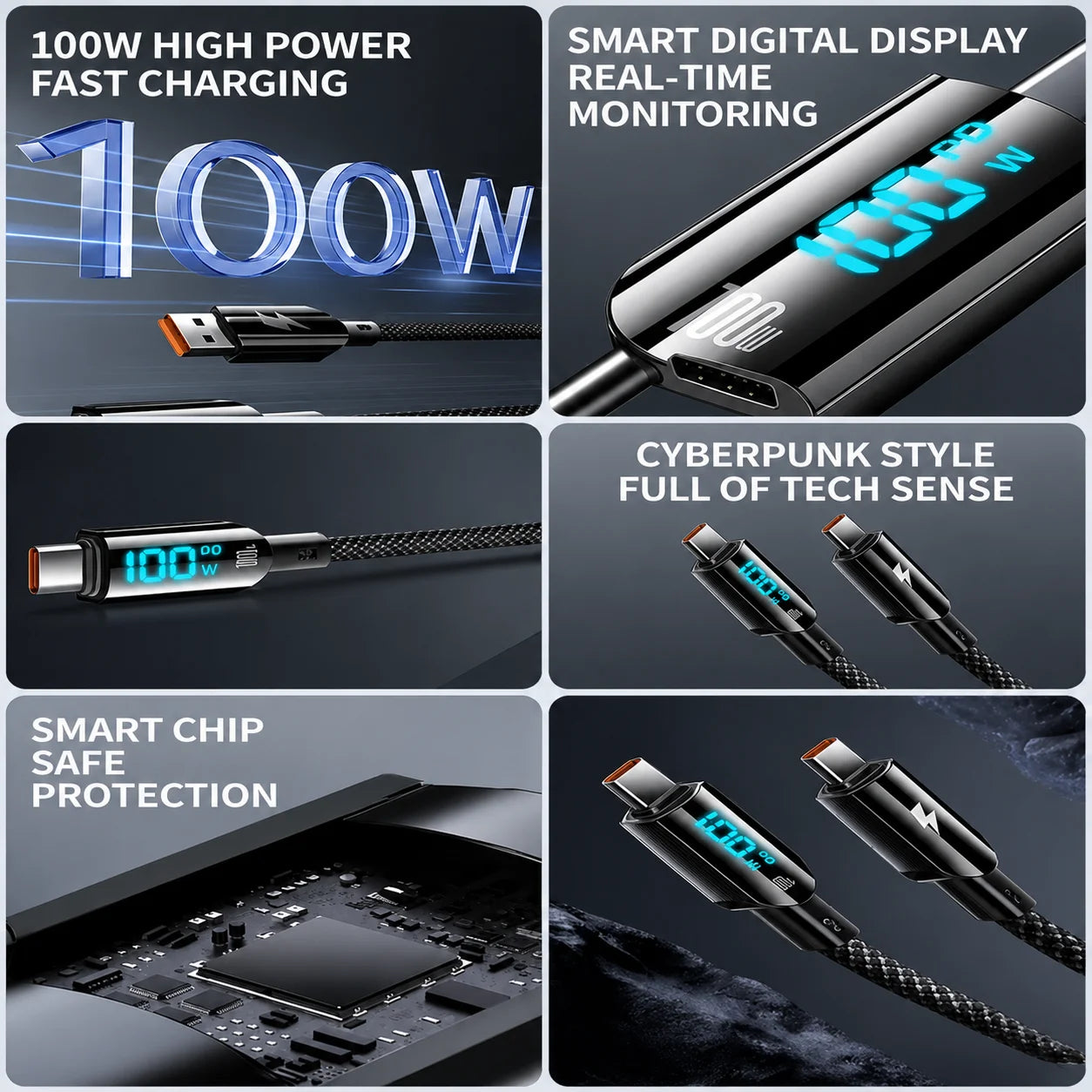 USB C Fast Charging Cable, 100W/60W LED Digital Display Braided Charger Cord, USB A to C and C to C Data Sync Cable for Phones
