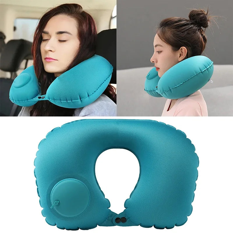 Push-Type Inflatable U-Shaped Neck Pillow — Portable Travel & Office Lunch Break Pillow with Built-In Air Pump