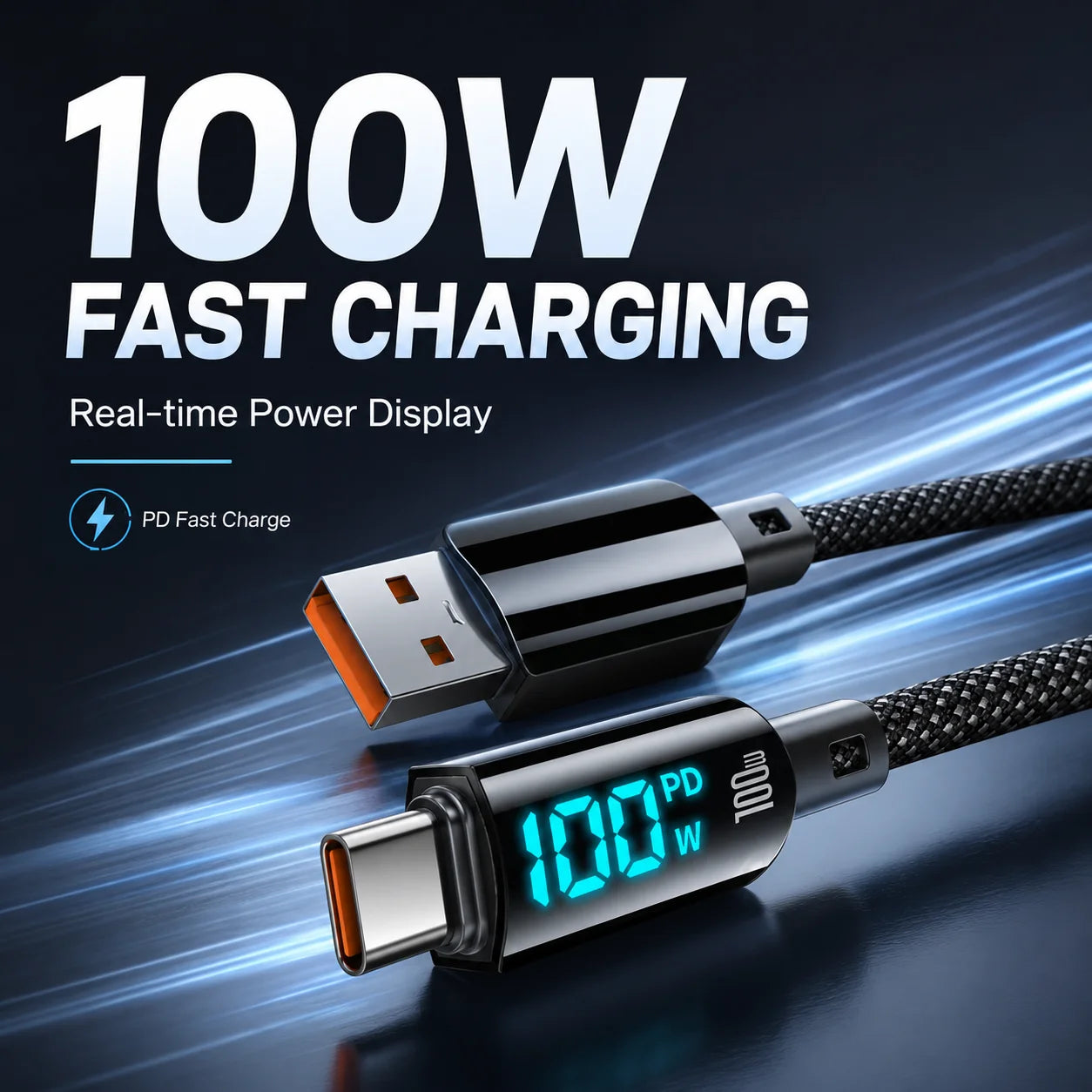 USB C Fast Charging Cable, 100W/60W LED Digital Display Braided Charger Cord, USB A to C and C to C Data Sync Cable for Phones