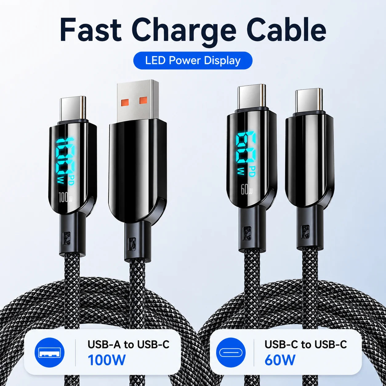 USB C Fast Charging Cable, 100W/60W LED Digital Display Braided Charger Cord, USB A to C and C to C Data Sync Cable for Phones
