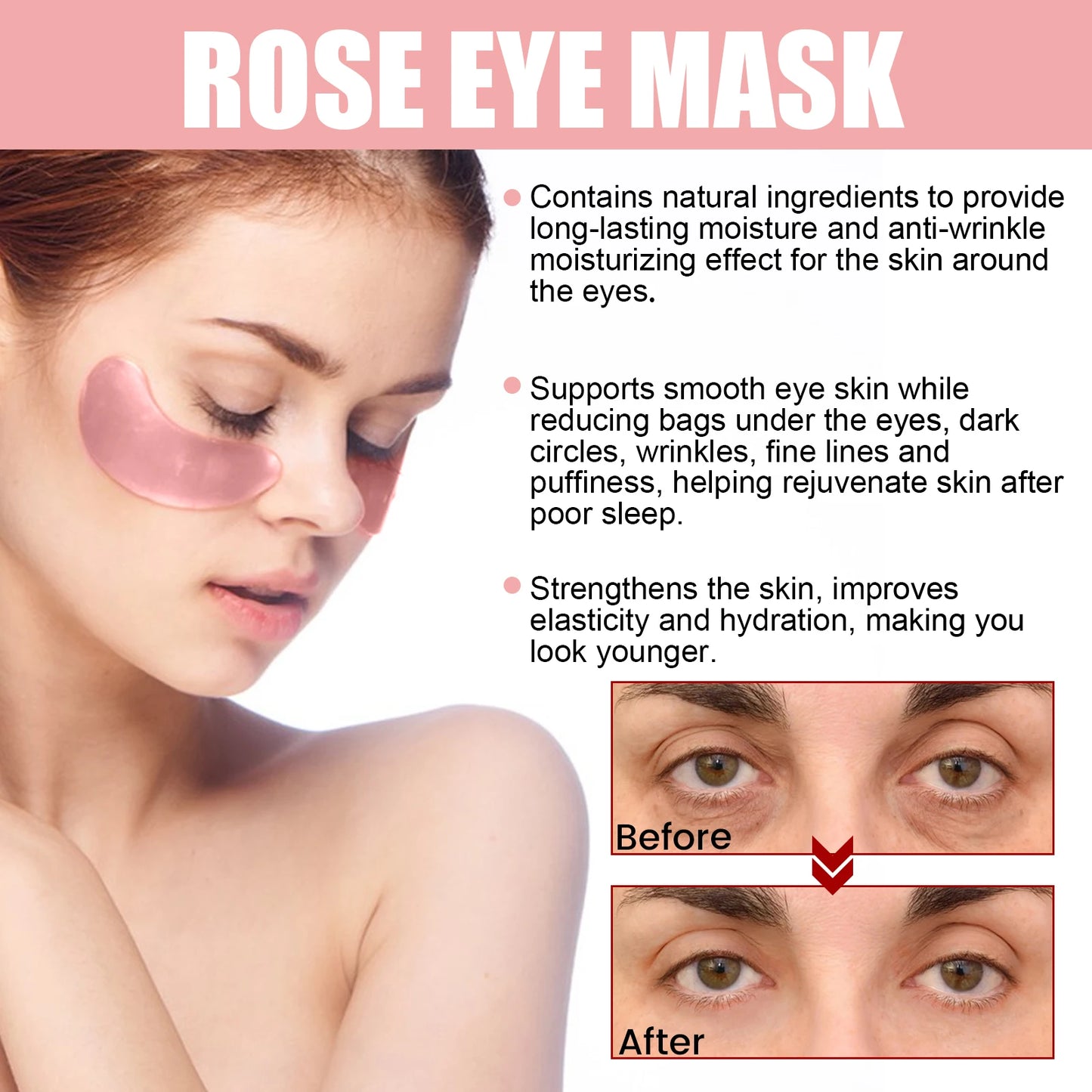 60pcs Rose Firming Eye Mask Anti Dark Circles Bags Remove Puffiness Moisturize Brighten Smooth Fine Lines Lifting Eye Mask