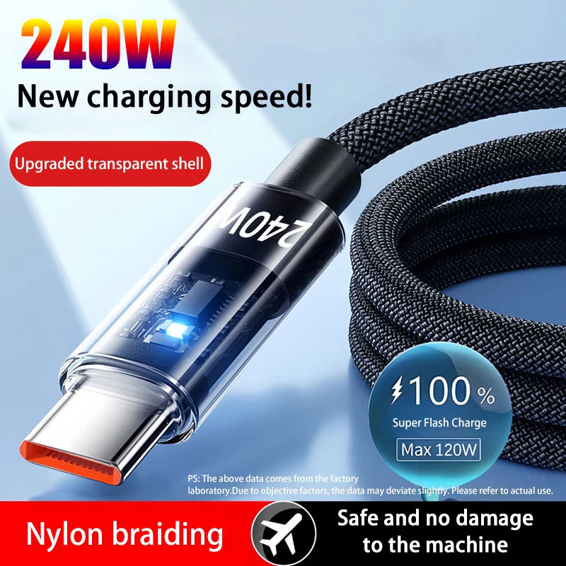 240W Nylon USB Type C Fast Charging Cable with LED Display