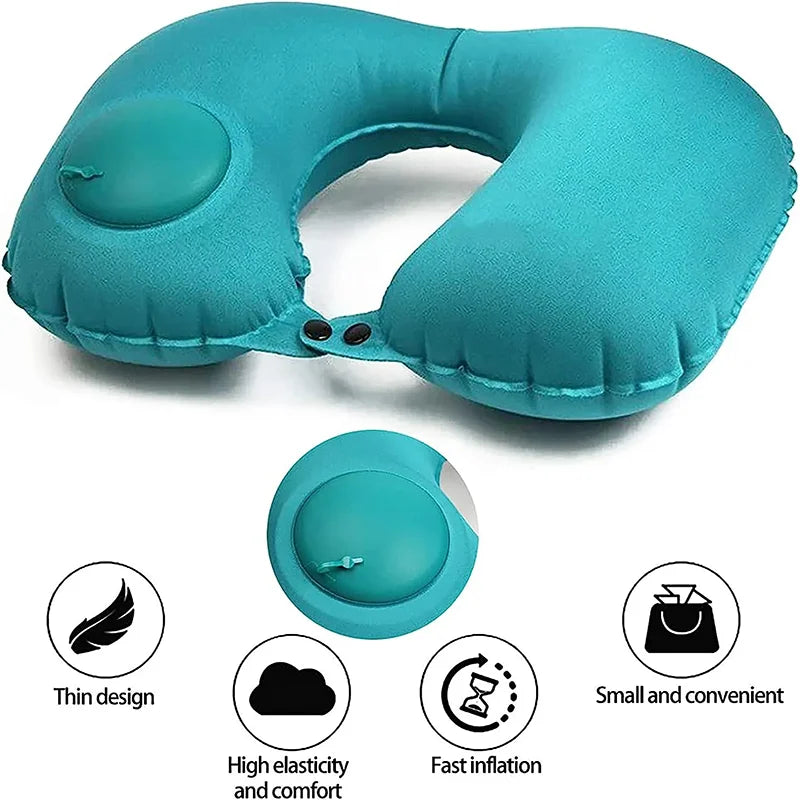 Push-Type Inflatable U-Shaped Neck Pillow — Portable Travel & Office Lunch Break Pillow with Built-In Air Pump