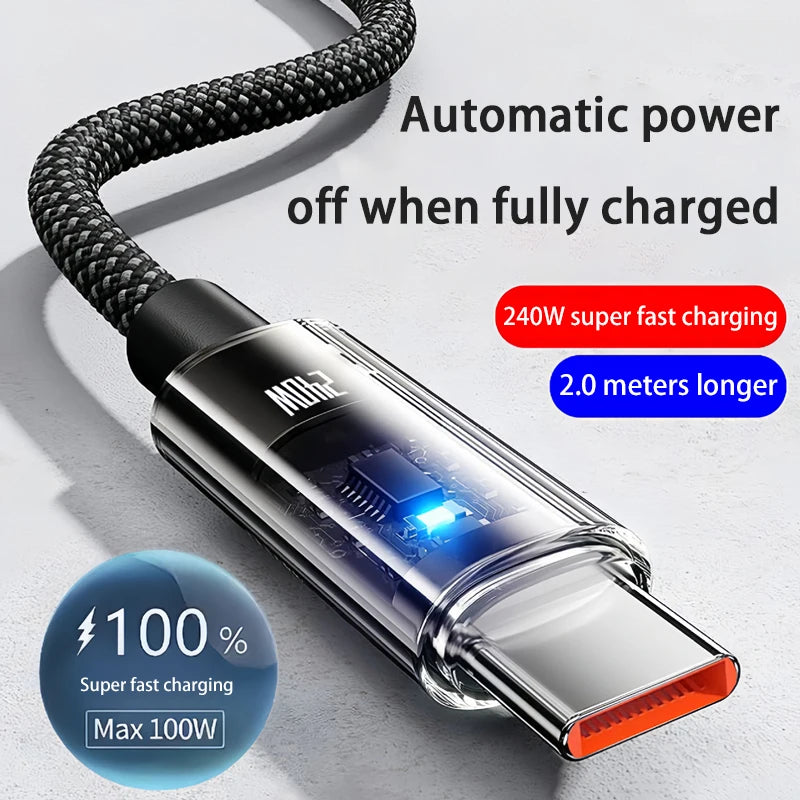 240W Nylon USB Type C Fast Charging Cable with LED Display