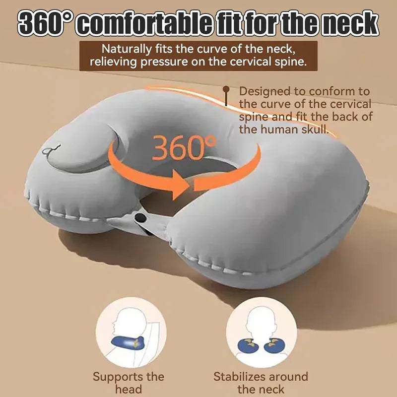 Push-Type Inflatable U-Shaped Neck Pillow — Portable Travel & Office Lunch Break Pillow with Built-In Air Pump