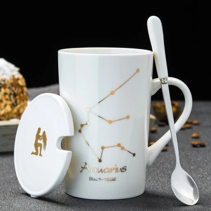 Zodiac Ceramic Mugs with Spoon Lid | Unique Constellation Drinkware