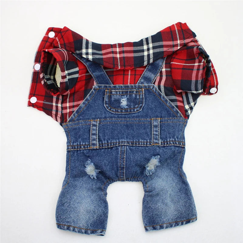 Stylish Pet Denim Plaid Jumpsuit Hoodie | Perfect for Spring & Autumn