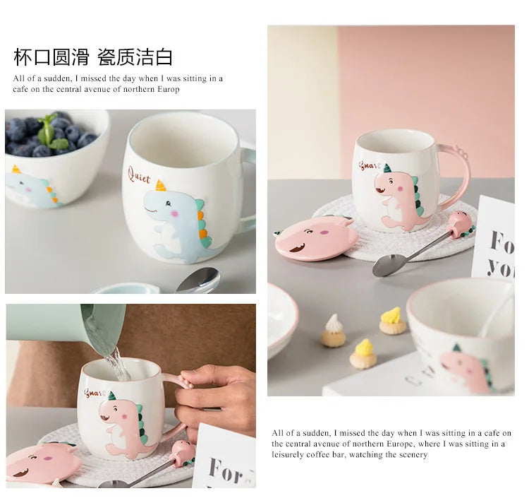 Dinosaur Cartoon Ceramic Mug with Lid & Spoon | Fun Breakfast Cups