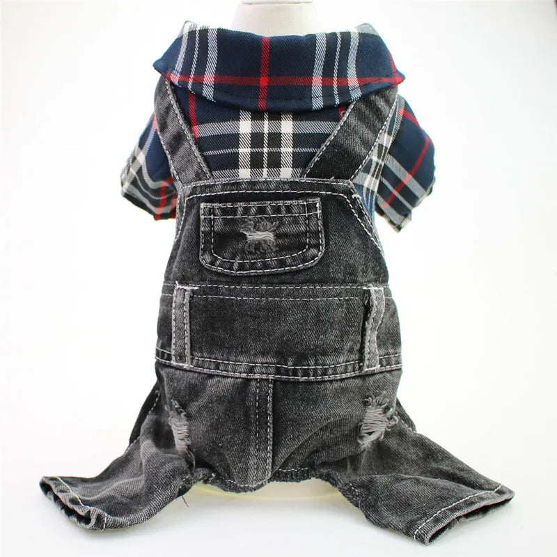 Stylish Pet Denim Plaid Jumpsuit Hoodie | Perfect for Spring & Autumn