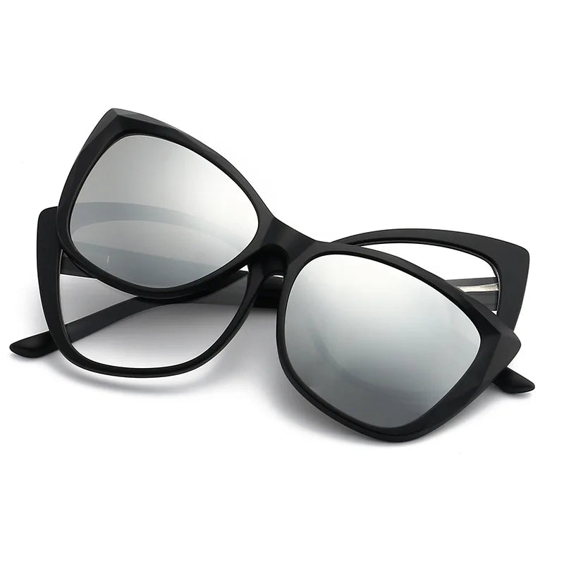 Stylish Cat Eye Prescription Glasses with Clip-On Sunglasses