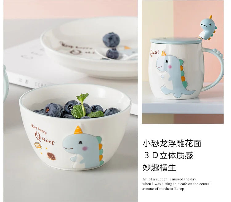 Dinosaur Cartoon Ceramic Mug with Lid & Spoon | Fun Breakfast Cups