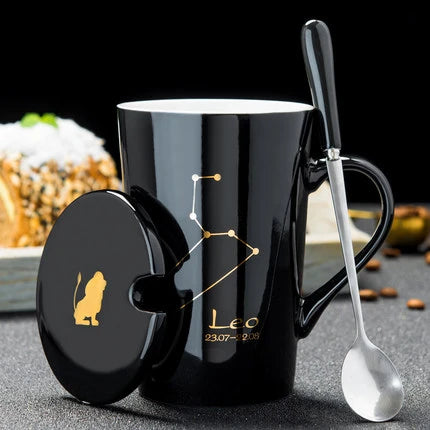 Zodiac Ceramic Mugs with Spoon Lid | Unique Constellation Drinkware