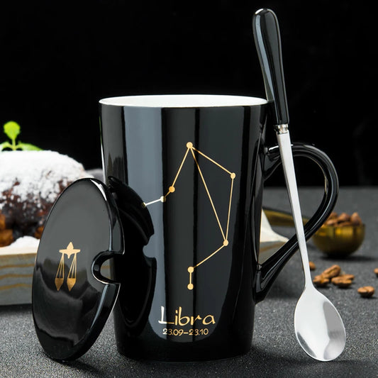 Zodiac Ceramic Mugs with Spoon Lid | Unique Constellation Drinkware