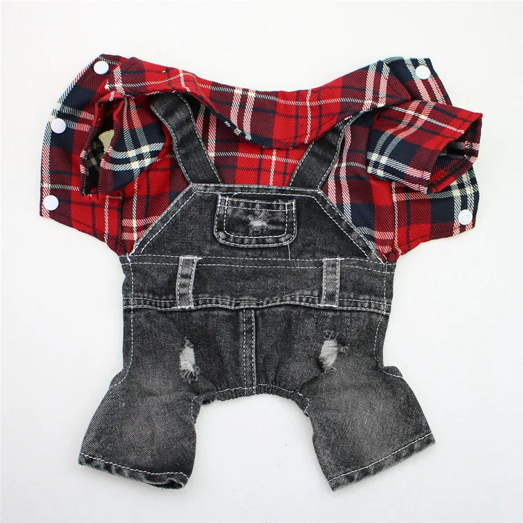 Stylish Pet Denim Plaid Jumpsuit Hoodie | Perfect for Spring & Autumn