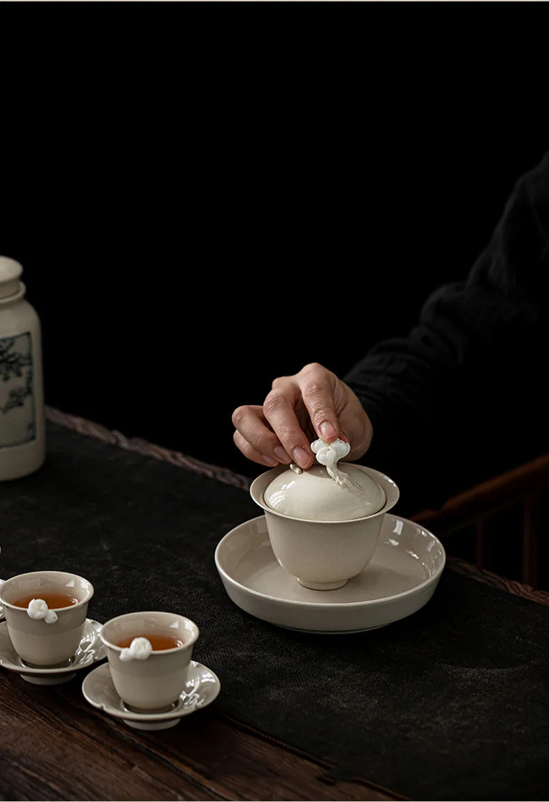 Elegante Gaiwan de Cerámica Esmaltada con Ceniza Vegetal Retro | Perfecto Servicio de Té
