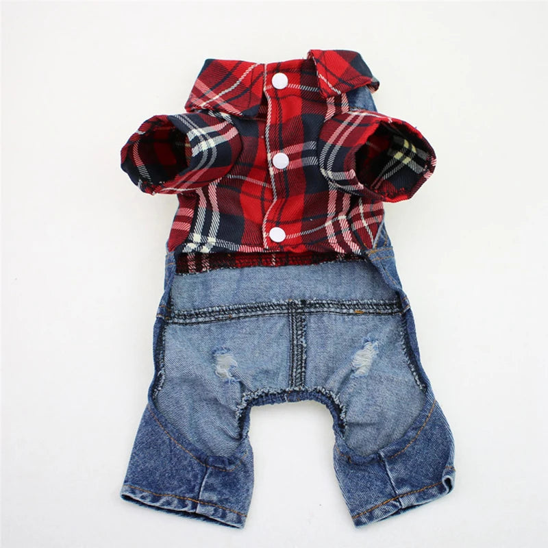 Stylish Pet Denim Plaid Jumpsuit Hoodie | Perfect for Spring & Autumn
