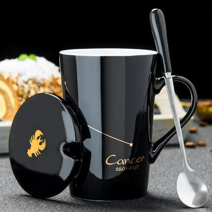 Zodiac Ceramic Mugs with Spoon Lid | Unique Constellation Drinkware