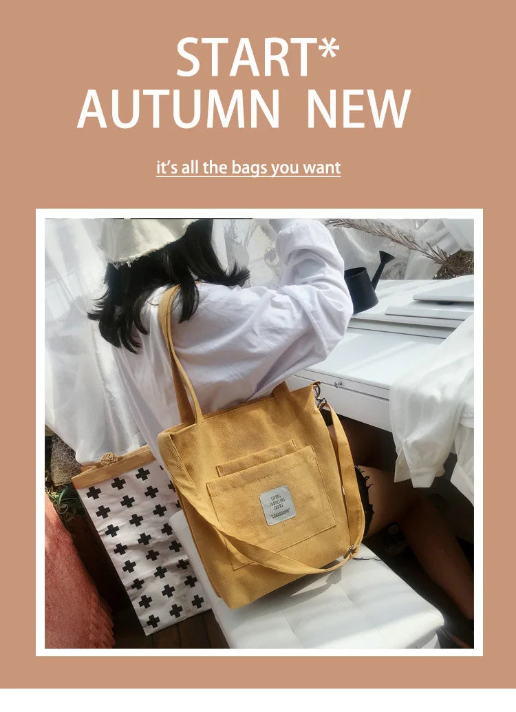 Casual Women’s Canvas Shoulder Bag | Soft Corduroy Tote Purse