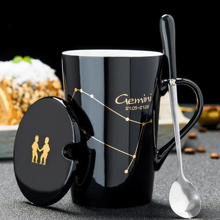 Zodiac Ceramic Mugs with Spoon Lid | Unique Constellation Drinkware