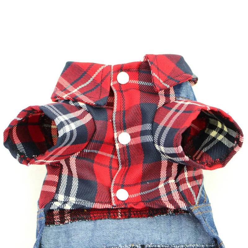 Stylish Pet Denim Plaid Jumpsuit Hoodie | Perfect for Spring & Autumn