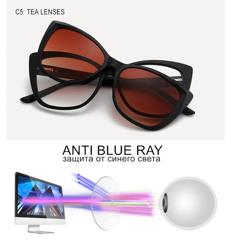 Stylish Cat Eye Prescription Glasses with Clip-On Sunglasses