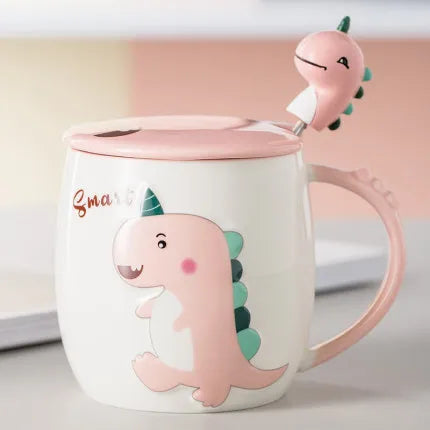 Dinosaur Cartoon Ceramic Mug with Lid & Spoon | Fun Breakfast Cups